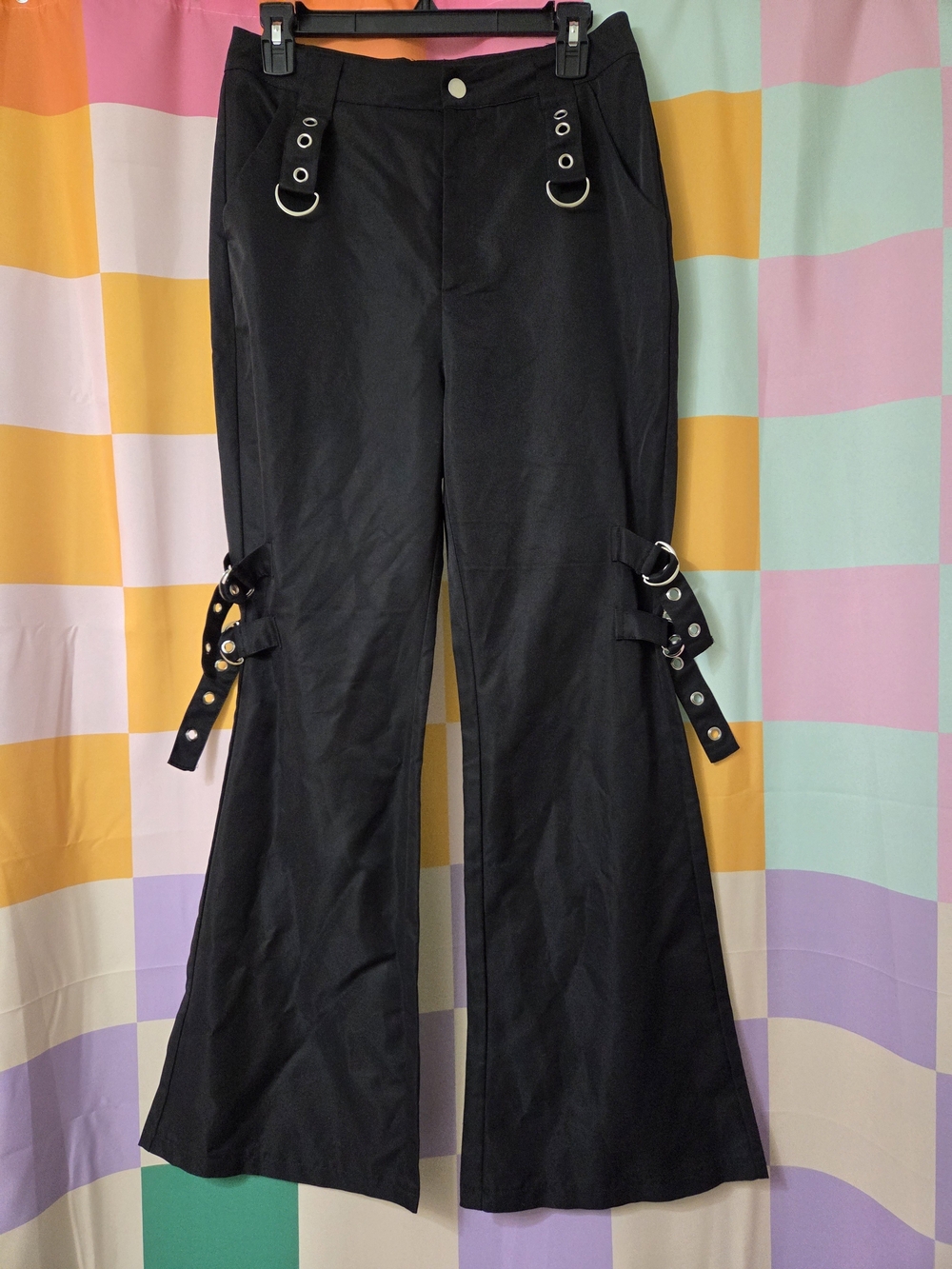 Cider Brand Black Flared-Leg Grommet Strap Pants